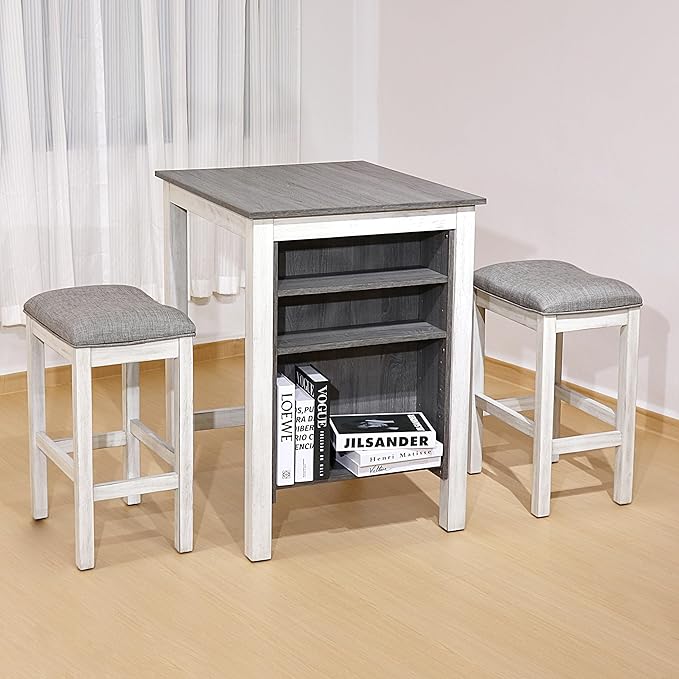 3-Piece Wooden Dining Table Set, Kitchen Island with Seating for 2, Kitchen Bar Table with Stools, Counter Height Dining Table Set, Rustic Gray Antique White, Farmhouse Style