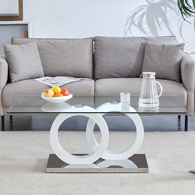 Glass Coffee Table for Living Room, 47" Modern Rectangle Coffee Tables with Tempered Glass Top and Unique Wooden Base, Clear Center Table for Living Room, Apartment, Office