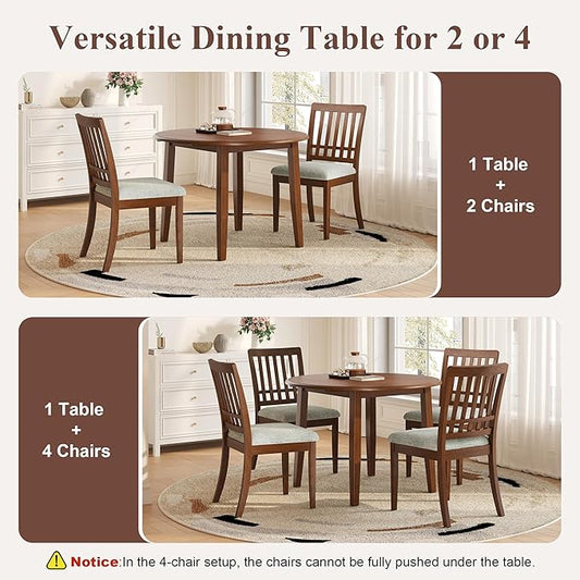 Merax 3-Piece Drop Leaf Round Dining Table Set for 2, Farmhouse Kitchen Table Set with Extendable Round Table and 2 Upholstered Chairs. Wood Table and Chairs Set for Dining Room, Living Room, Brown