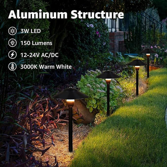 SUNVIE Low Voltage Pathway Lights Wired Path Light Outdoor 3W 12-24V 3000K Waterproof Aluminum LED Landscape Lights with Connector for Garden Walkway Yard - ETL Listed Cord, 8 Pack