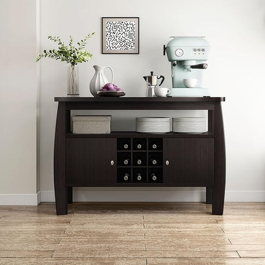 Furniture of America Clyton Modern Kitchen Buffet Storage Cabinet with Doors and Shelves, Wood Sideboard Table, Coffee Bars & 9 Grid Wine Rack, for Dining, Living Room, Dark Espresso