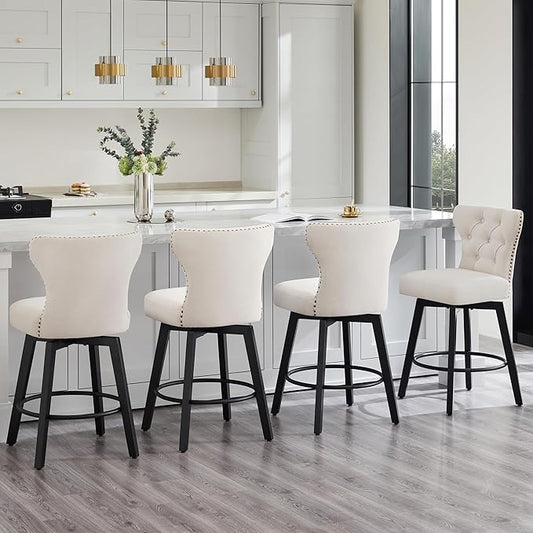 KISLOT Counter Height Barstools 26 inch Upholstered Button Tufted Swivel Bar Stools with Back for Kitchen Island,Set of 2,Beige Fabric
