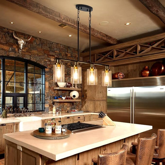 Island Lights for Kitchen, 4-Light Farmhouse Dining Room Light Fixtures Over Table, Matte Black and Gold Linear Chandeliers for Dining Room,Industrial Pendant Lighting with Clear Glass Shade