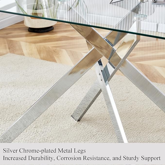 51.18" Rectangular Glass Dining Table, Tempered Glass Kitchen Tabe with Metal Legs, Stylish and Sturdy Dinner Table for Home and Outdoor Dining (Silver, 51.18'')