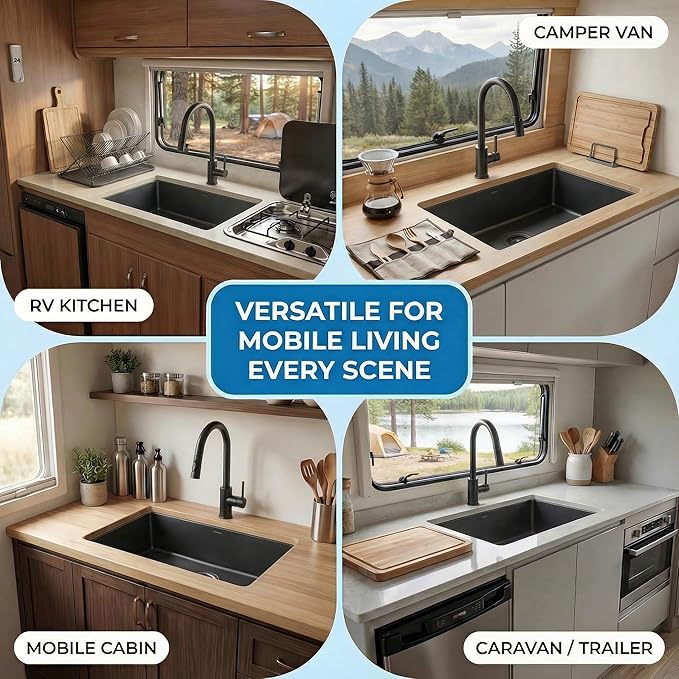 MILOSEN Black RV Kitchen Sink, 27''×16''×7'' 16 Gauge T304 Stainless Steel Drop-in/Undermount Black RV Sink, Single Bowl Sinks for Caravans/Campervans & Site Cabins, 7 inch Depth Outdoor Trailer Sinks