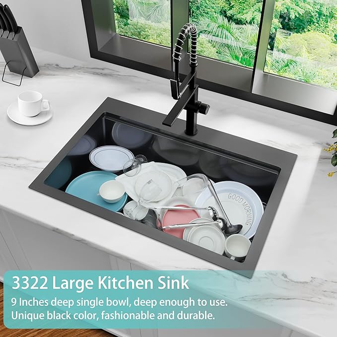 Black Drop In Kitchen Sink 33" x 22", 16 Gauge 304S Stainless Steel Workstation Sinks with Accessories, 33" x 22" x 10" Large and Deep Top Mount Single Bowl Kitchen Sink