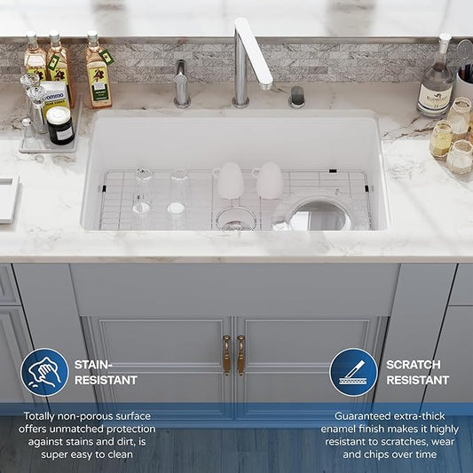 32 White Undermount Kitchen Sink, Hugsleek Topmount & Undermount Kitchen Sink 32x19 inch White Porcelain Ceramic Fireclay Sinks Dual Mount Accessories Single Bowl Under Counter Sinks Basin Drop In
