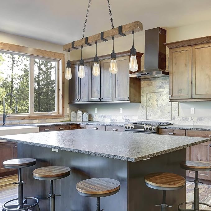 LALUZ Kitchen Island Lighting, 5-Light Farmhouse Linear Chandeliers for Dining Room, 35.5'' Rustic Faux Wood Island Lights for Kitchen