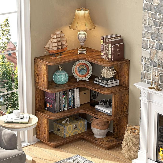 Armocity Corner Book Shelf - 4 Tier Corner Bookshelf Etagere Bookcase with Baffle, Freestanding L Shaped Display Shelf Stand for Home Office, Living Room, Bedroom, Kitchen, Rustic Brown