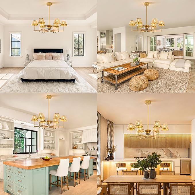 Garwarm 37.4" Ceiling Fans with Lights,Chandelier Ceiling Fan Boho Rattan Fandelier Ceiling Fan with Lights Remote Control for Kitchen Island Dining Living Room
