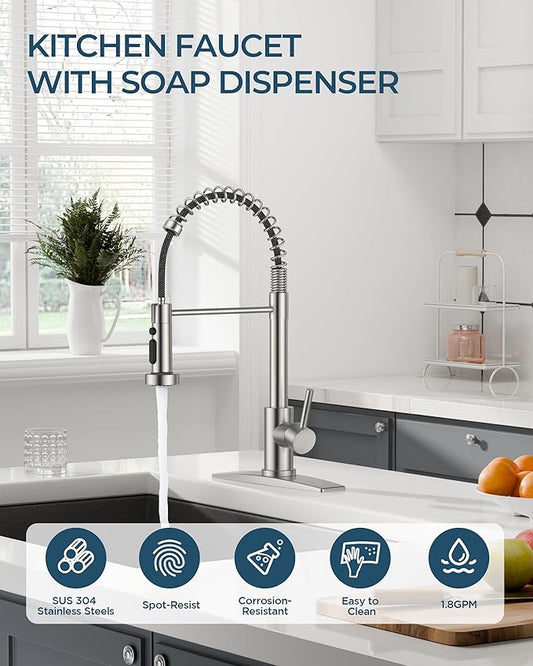 FORIOUS Kitchen Faucet with Pull Down Sprayer, Brushed Nickel Stainless Steel Single Handle Classic Spring Commercial Sink Faucet for RV Camper Bar Farmhouse Laundry