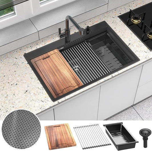 33inch Drop In Kitchen Sink Metal Black - Feibus 33x22x10 Sink with Double Step Workstation 16 Gauge Honeycomb Embossment Stainless Steel Single Bowl