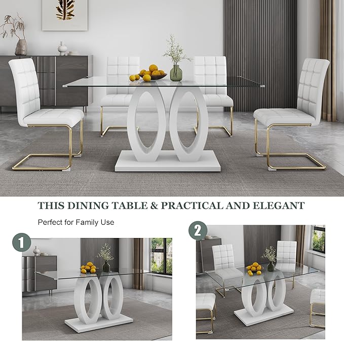 63" Glass Dining Table, Rectangular Kitchen Table with Tempered Glass Tabletop and White O-Shaped MDF Base, Modern Dining Room Table for Kithchen, Living Room