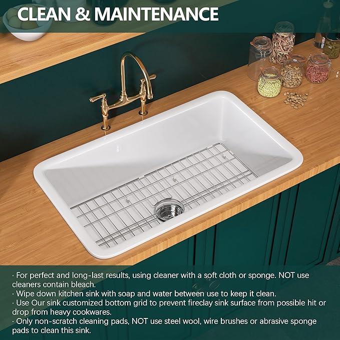 Miuara White Undermount Kitchen Sink 32 Inch - Large Topmount Fireclay Drop In Sink 32"x19"x10", Dual Mount Heavy Duty Deep Single Bowl, with 2 Custom Accessories, Glossy White, for Kitchen