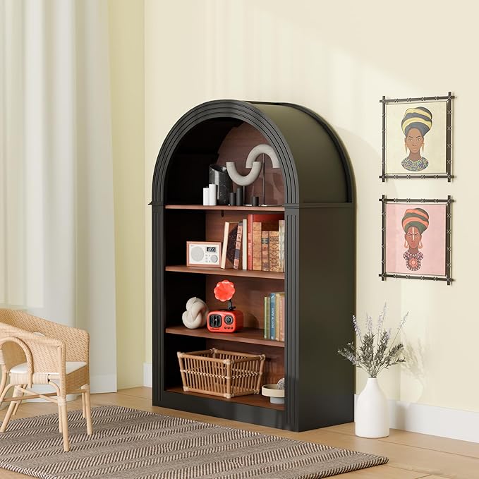 Ball & Cast 45.66" Tall Arched Storage Cabinet,Modern 4-Tier Wooden Display Cabinet with Open Shelves,Versatile Floor Bookcase Cabinet Organizer for Library,Living Room, Office, Black