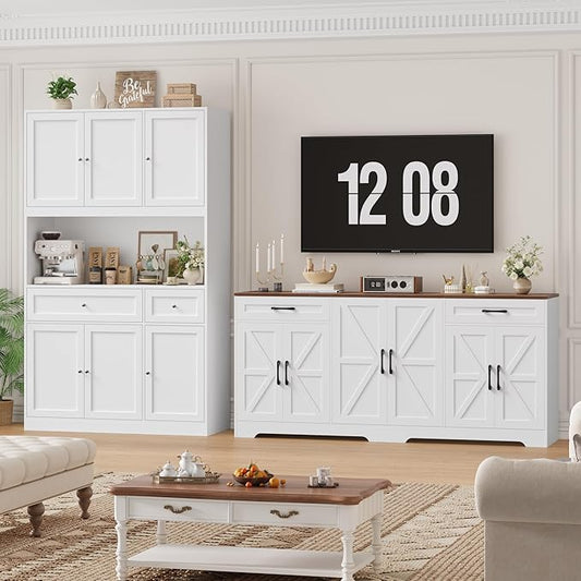 BOTLOG 2PCS Kitchen Cabinets, 71” Large Sideboard Buffet Cabinet with Storage, 72" Tall Pantry Cabinet with Microwave Stand, Wood Coffee Wine Bar Console Table for Kitchen, Dining Room, White
