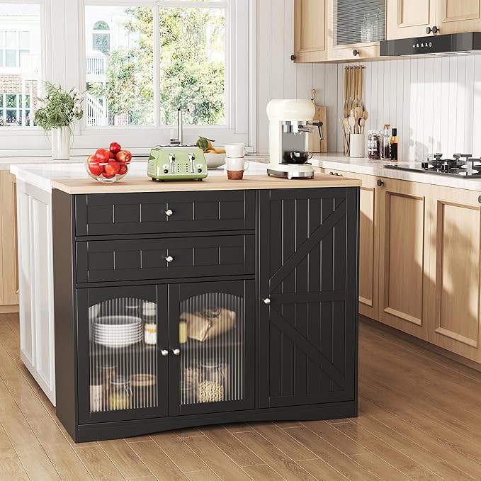 FiveWillowise Farmhouse Buffet Sideboard Cabinet, Black Storage Cabinet with Barn Doors and Drawers, Fluted Glass Doors & Adjustable Shelves, Coffee Bar with Storage for Kitchen, Living Room