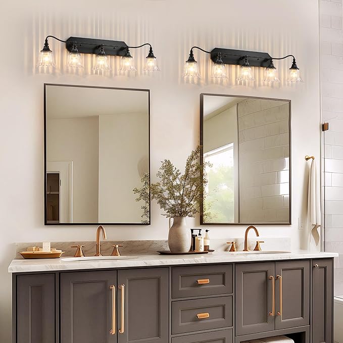 LmnLvn Bathroom Vanity Black Vintage Light Fixture, 5 Lights Bathroom Lighting Matte Antique Brass Finish with Crystal Glass Shade, Black Vintage Vanity Light