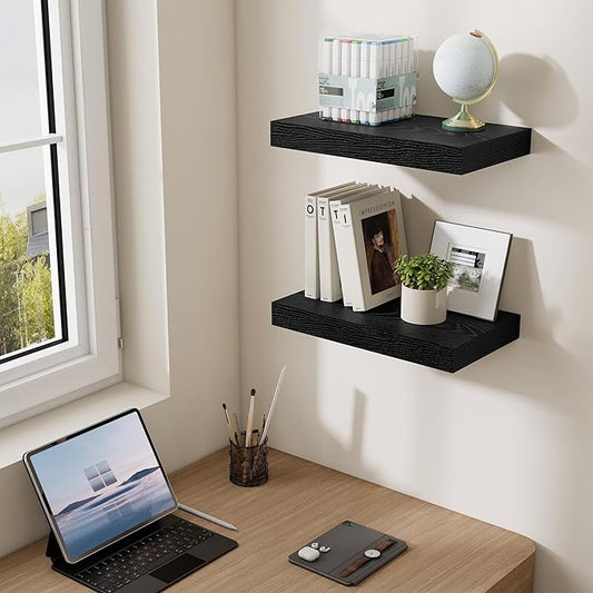 Dreamland 16 Inch Long Floating Shelves in Black,6.7 Inch Deep Floating Shelf for Wall,Large Display & Storage Shelf, Wall Shelf for Bathroom Bedroom Living Room Kitchen Office,Set of 2