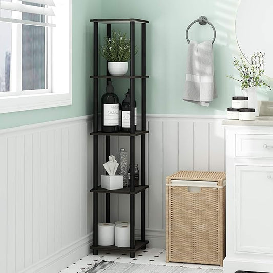 FURINNO Turn-N-Tube 5-Tier Corner Square Rack Display Shelf, Round, Espresso/Black