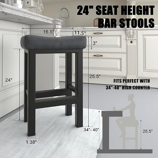 Bar Stools Set of 2, 24 Inch Counter Height Bar Stools for Kitchen Island, Faux Leather Upholstered Thick Saddle Seats & Heavy Duty Metal Base, Easy Assembly, Gray