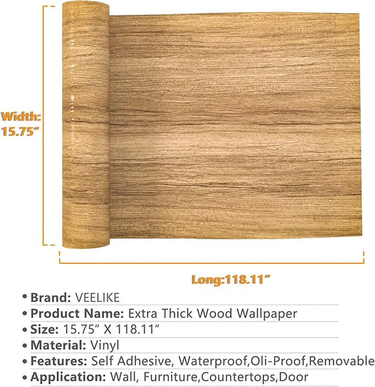 VEELIKE 15.7''x118'' Natural Brown Wood Contact Paper Peel and Stick Countertops Waterproof Wood Wallpaper for Cabinets Table Furniture Self Adhesive Removable Woodgrain Contact Paper for Countertops