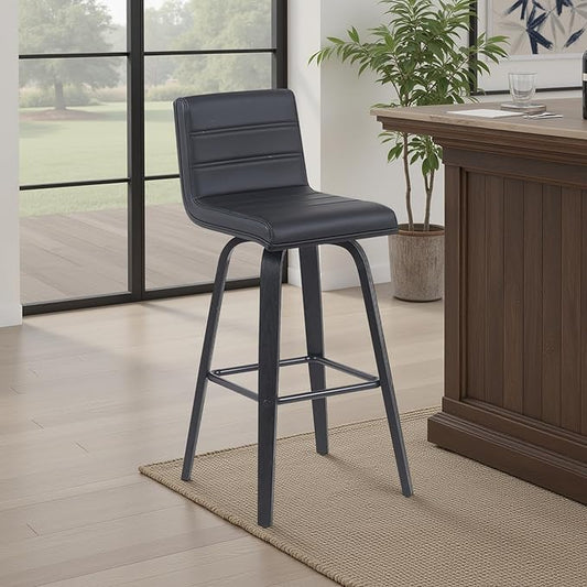 Armen Living Vienna Modern Swivel 30" Bar Height Barstool with Black Faux Leather and Black Wood Finish