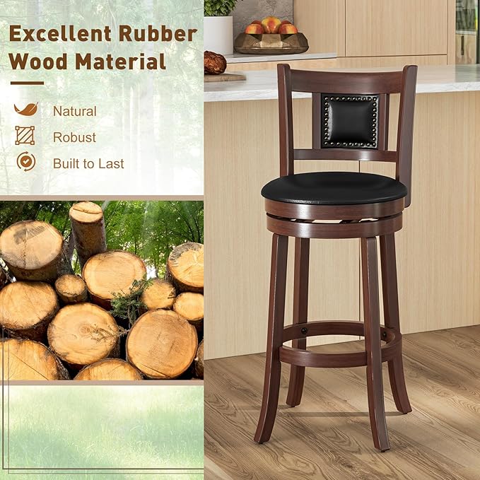 ERGOMASTER Set of 4 Swivel Bar Stools 30.5 Inch Height - 360° Rotating PU Leather Counter Stools with Backrest & Footrest, Brown Tobacco Wood Kitchen Island Stools, 250 lbs Capacity