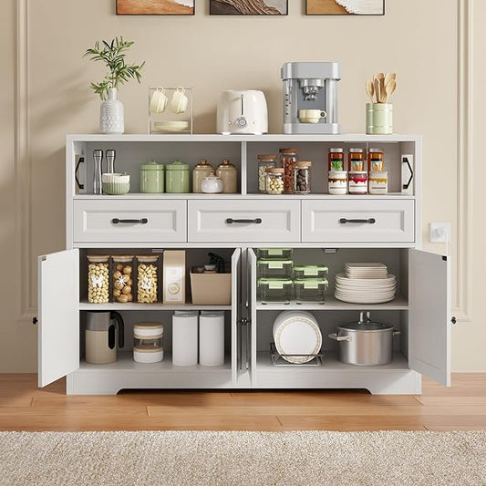 Ahomly 51" Buffet Cabinet with Adjustable Storage, Charging Port - 3 Drawers & 4 Doors Large Sideboard, Multi - Scene Coffee Bar/Microwave Stand for Kitchen,Living Room,Entryway(White)