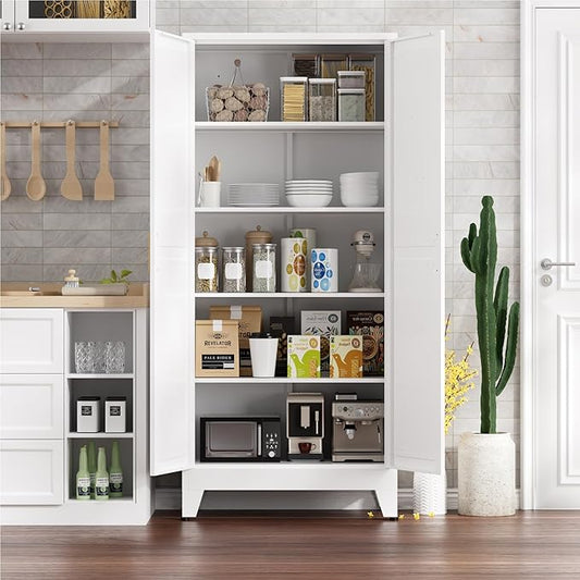 Kitchen Pantry Cabinet,71" H x 31.5" W,Metal Farmhouse Storage Cabinet with Adjustable Shelves and Barn Doors,5-Tier Storage Cabinet for Kitchen Dining Room Garage,White 1 Pack