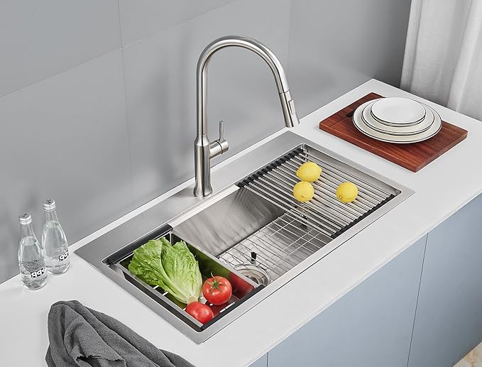 MENATT 32 Inch Drop In Kitchen Workstation Sink, 18 Gauge Stainless Steel Single Bowl Single Faucet Hole Topmount Kitchen Sink with Integrated Ledge (Bruhsed),32"x18"x9"