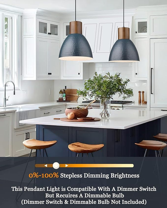 ELYONA Hammered Pendant Light for Kitchen Island, 10.2” Metal Solid Wood Bar Hanging Lamp, Adjustable Height Industrial Pendant Lighting for Dining Room, Bedroom, Bar, Office, Modern Blue