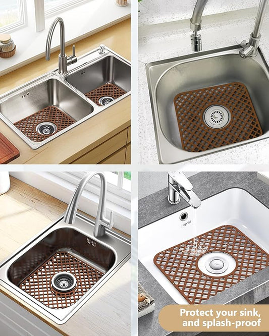 2 Pack Silicone Sink Protector for Kitchen Sink, Trellis Pattern 12 x 11" Sink Grid Mat Silicone Protectors, Center Drain, Coffee