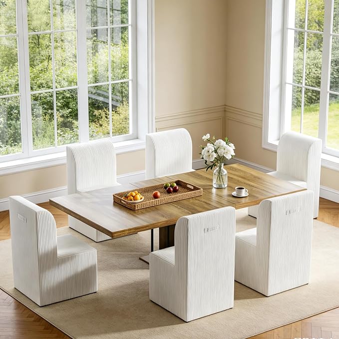 Set of 4 Corduroy Upholstered Armless Dining Chair, Modern Comfortable Dining Room Chair Side Leisure Chairs with Mid Back for Dining Room Kitchen Bedroom Reading Room, No Assemble, Beige