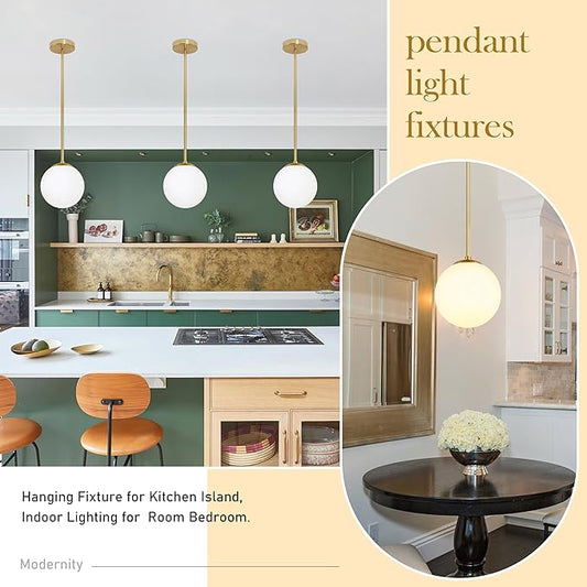 Bagood 6" Globe Pendant Light Gold Mid Century Pendant Light Globe Pendant Lights Kitchen Island Brushed Brass Finished with Milk Glass Lampshade Adjustable Ceiling Light Fixtures for Kitchen
