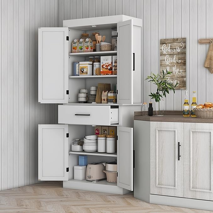 72" H Farmhouse Kitchen Pantry, Freestanding Storage Cabinet with 4 Barn Doors, Drawer, 5-Tier Shelf and Adjustable Shelves, White, Easy to Maintain, for Dining Room