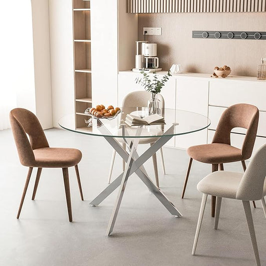 Glass Dining Table,47.25'' Round Dining Kitchen Table,Modern X-Design Dining Room Table with Silver Metal Base for Dining Room (Silver,47'',Round)