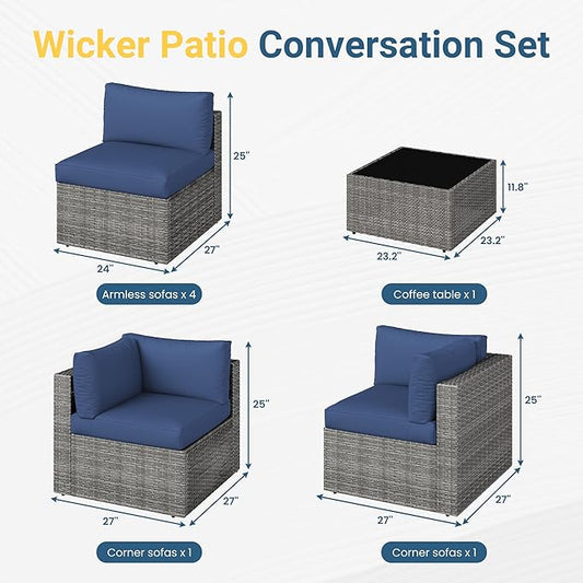 Wisteria Lane 7 Pieces Outdoor Patio Furniture Set, Wicker Outdoor Patio Sectional Sofas with Coffee Table, All-Weather Patio Conversation Set for Backyard Garden, Navy Blue
