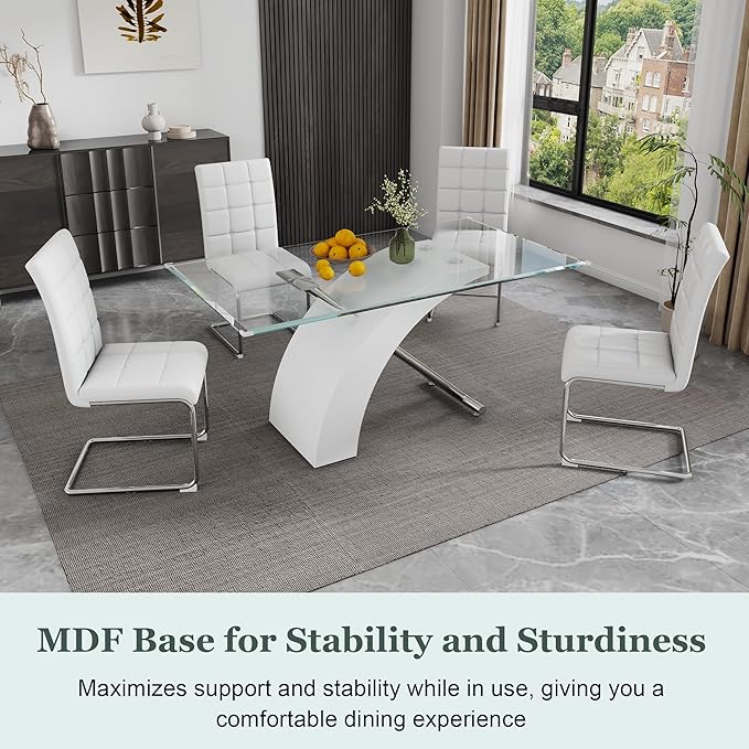 63" Rectangle Glass Dining Table, White Modern Kitchen Table with Tempered Glass Tabletop and Silver X-Shaped MDF Base, Dining Room Table for 4-6, for Kithchen, Living Room