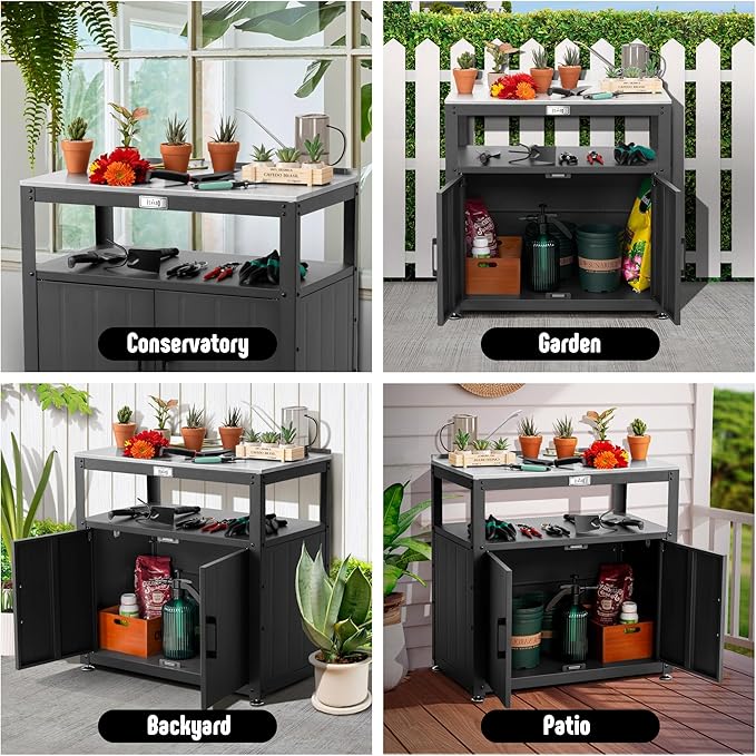 Feasto Garden Potting Bench with Storage, Outdoor Potting Table & Garden Work Bench for Plants, Horticulture, Outdoor Potting Station with Stainless Steel Tabletop, Outdoor Work Table