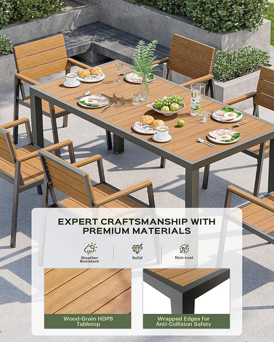 Vexwalx 7-Piece Outdoor Dining Set, Aluminum Dining Table Set for 6, Patio Table and Chairs Set with Umbrella Hole, All Weather HDPS Outdoor Table and Chairs for 6 (Gray-Teak)
