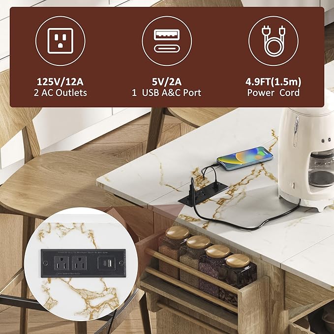 Modern Dining Table Kitchen Island with 2 Drop, Cart with Power Outlet, 4 Doors, Spice Rack, Rolling Wood Grain Top Table, Curved Edge for Living Room,Natural-MDF