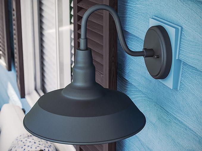 Kenroy Home 14'' Transitional 1-Light Outdoor Wall Sconce Wall Light, Wall Mounted Light with Black Metal Round Shade for Porch, Patio or Garage, Black