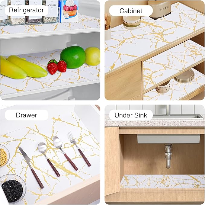 Drawer and Shelf Liner for Kitchen Cabinet,Non-Adhesive Cabinet Liner 12in x 20FT,Waterproof Shelf Paper Non-Slip Mats Cupboard Liners Contact Protect Dresser/Shelves/Table-Gold Marble