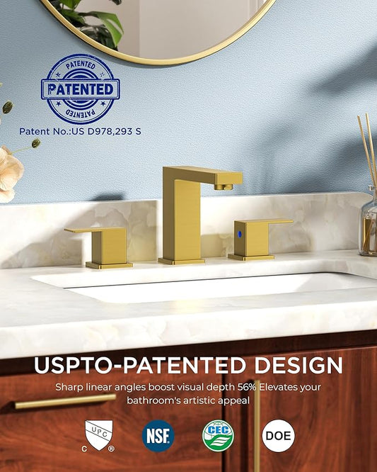 FORIOUS 2 Pack Gold Bathroom Faucet 3 Hole, Square 2 Handle 8 in Widespread Brushed Gold Bathroom Sink Faucet 3 Hole with Metal Drain, 24" CUPC Supply Lines and Spare Aerator