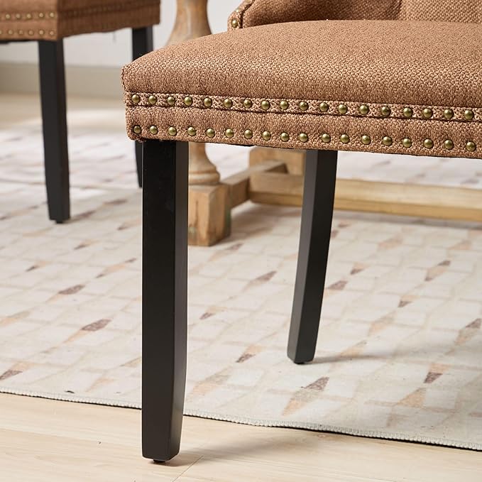 Ball & Cast Contemporary Upholstered Dining Chairs Set of 2, Flax Button Tufted Kitchen Side-Chairs with Hang Ring & Nailhead Trims & Wood Legs, 2-Piece Backrest Traditional Chair, Black+Coffee
