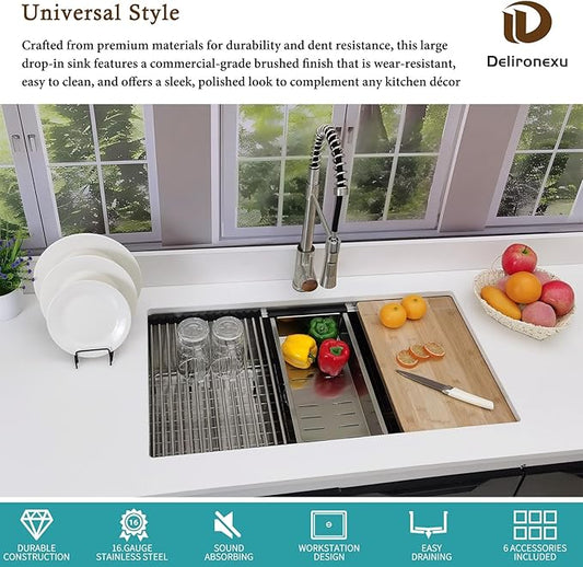 33x19 Undermount Kitchen Sink, Delironexu 33 Inch Kitchen Sink Workstation, 16 Gauge 304 Stainless Steel Undermount Kitchen Sink Single Bowl with Accessories