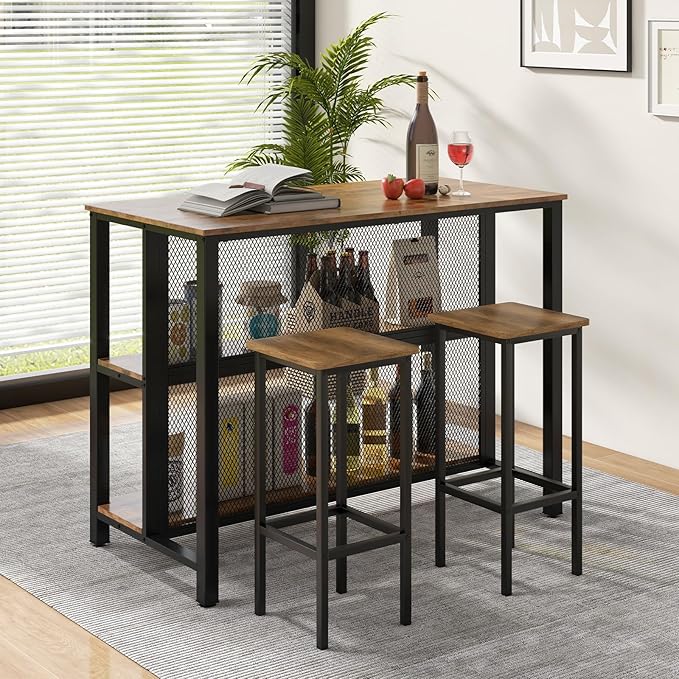 COSTWAY Home Bar Unit, 3-Tier Bar Table with Storage Shelves, Metal Frame, Adjustable Foot Pads, Breakfast Corner Bar Cabinet for Kitchen Island Dining Room (Rustic Brown)