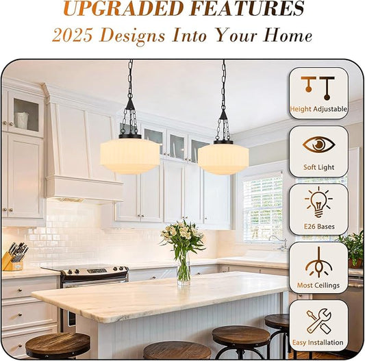 Schoolhouse Pendant Light, 14inch Milk Glass Pendant Light Vintage Black Chandelier Adjustable Height Mid Century Modern Pendant Lighting for Kitchen Island Dining Room Foyer Hallway
