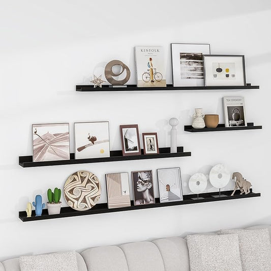 Picture Ledge Shelf for Wall, 24 inch Solid Pine Wood Nursery Book Shelves 2 Packs, Floating Ledge Shelves for Kids' Room Bedroom Bathroom Living Room Photo Frames Office Nursey Wall Decor, Black